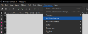 Extensions dropdown menu in Inkscape showing the location of the Axidraw Controller